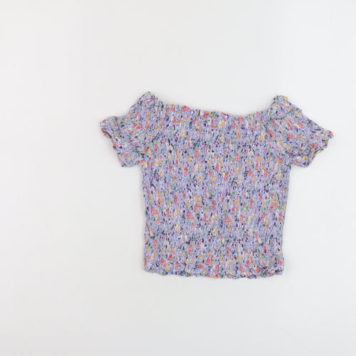 New Look Womens Purple Floral Viscose Cropped T-Shirt Size 6 Square Neck