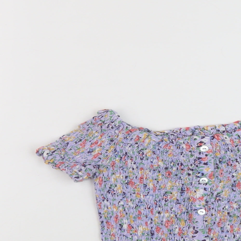 New Look Womens Purple Floral Viscose Cropped T-Shirt Size 6 Square Neck