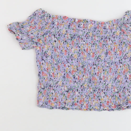 New Look Womens Purple Floral Viscose Cropped T-Shirt Size 6 Square Neck