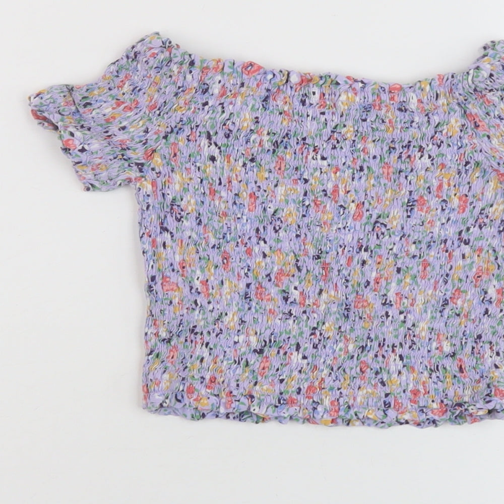 New Look Womens Purple Floral Viscose Cropped T-Shirt Size 6 Square Neck
