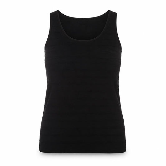 Front view of M&Co women’s black polyester basic tank, size UK 16, round neck