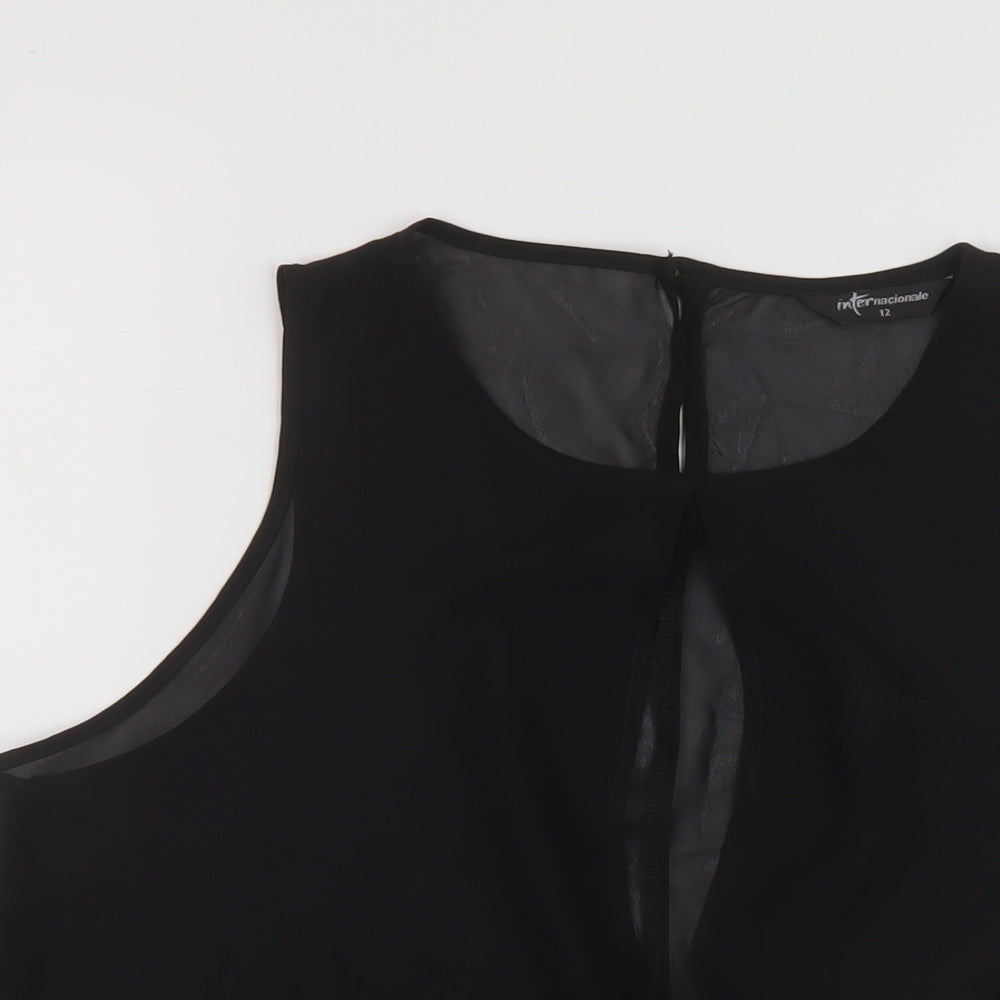 Internacionale Womens Black Polyester Basic Blouse Size 12 Round Neck