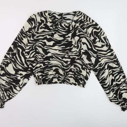 H&M Womens Black Animal Print Polyester Basic Blouse Size S Round Neck