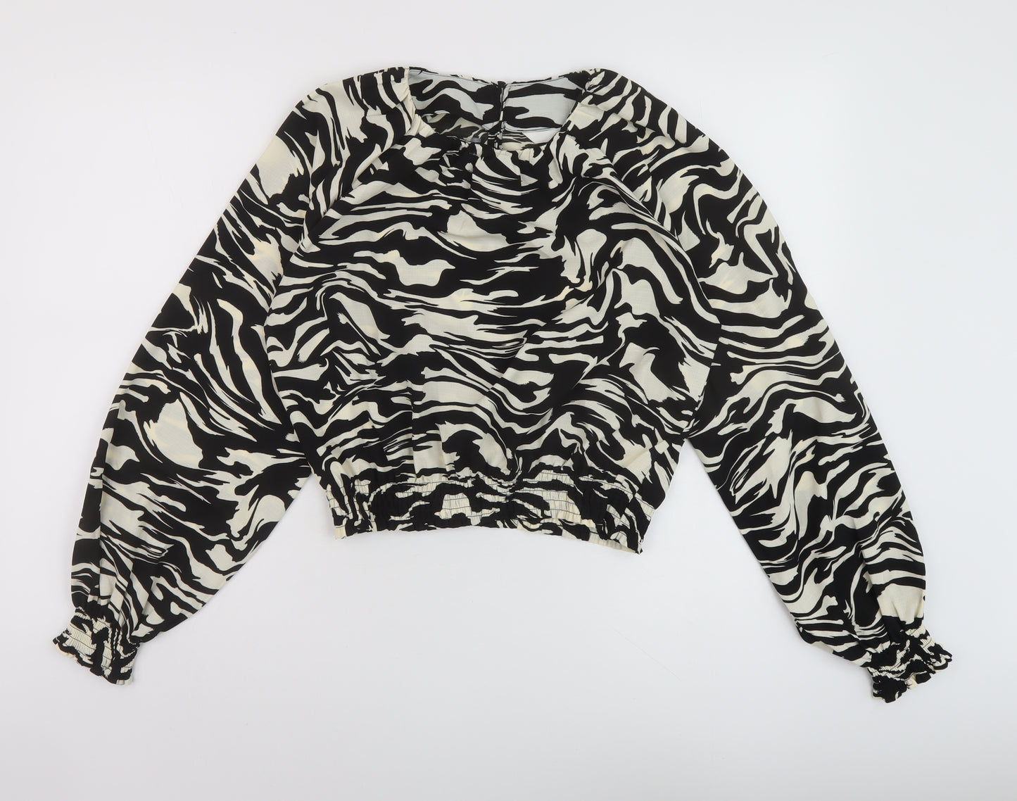 H&M Womens Black Animal Print Polyester Basic Blouse Size S Round Neck