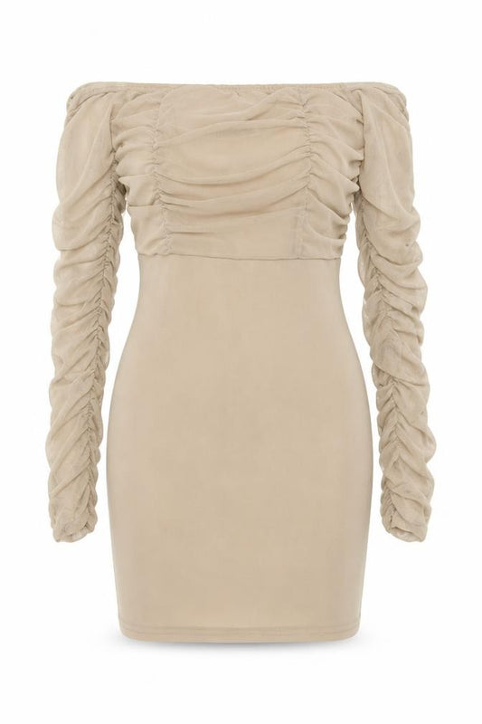 Front view of PRETTYLITTLETHING women’s beige polyester mini, size UK 8, square neck pullover