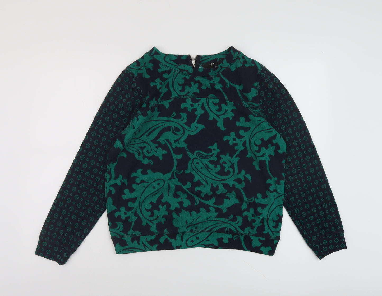 H&M Womens Green Geometric Polyester Basic Blouse Size S Round Neck