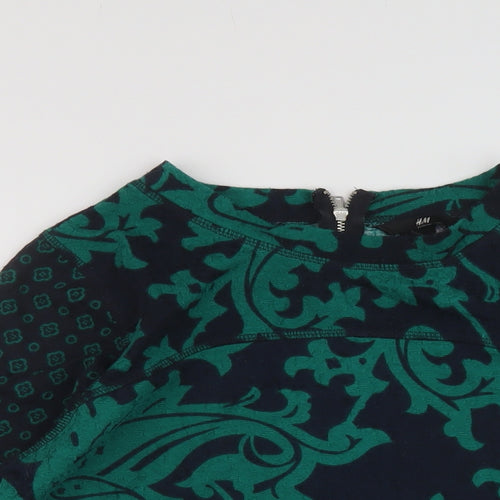 H&M Womens Green Geometric Polyester Basic Blouse Size S Round Neck