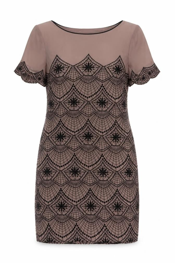 Front view of Monsoon women’s pink geometric polyester a-line, size UK 10, round neck zip