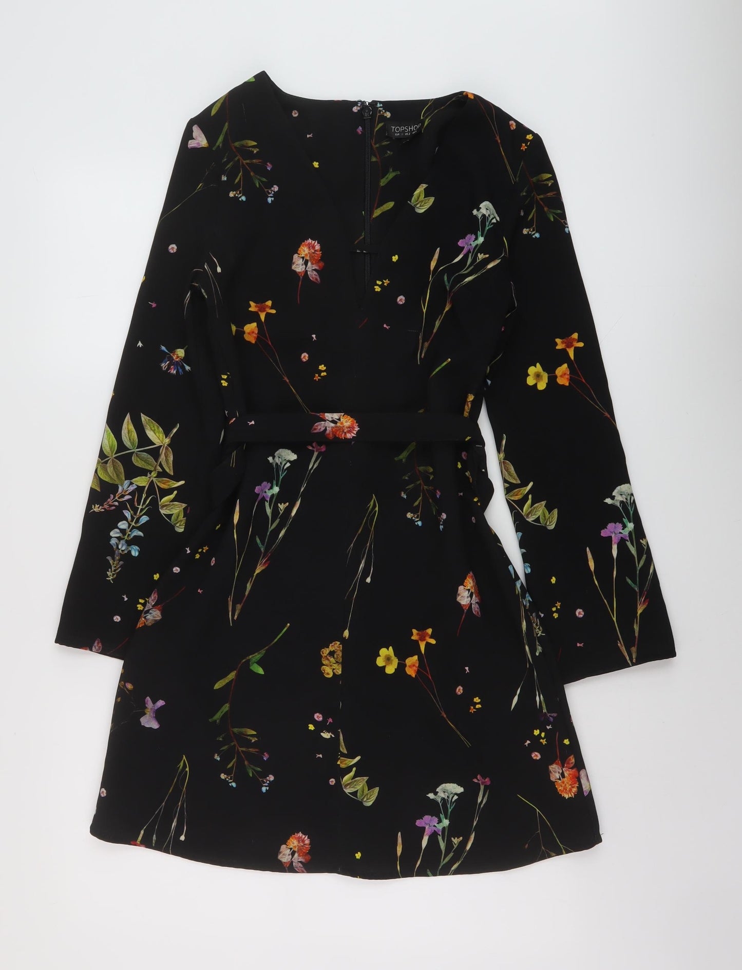 Topshop Womens Beige Floral Polyester A-Line Size 6 V-Neck Zip