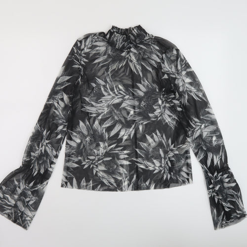 Zara Womens Black Floral Polyester Basic Blouse Size S Mock Neck