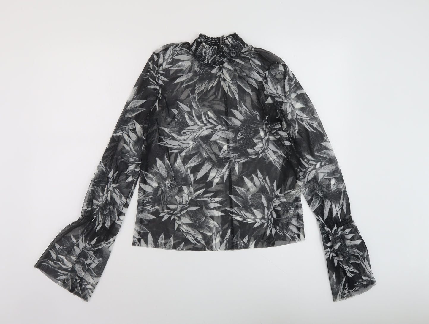 Zara Womens Black Floral Polyester Basic Blouse Size S Mock Neck
