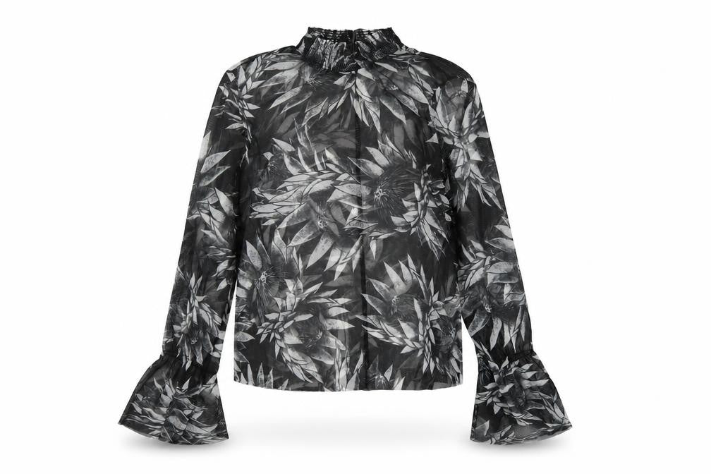 Front view of Zara women’s black floral polyester basic blouse, size S, mock neck