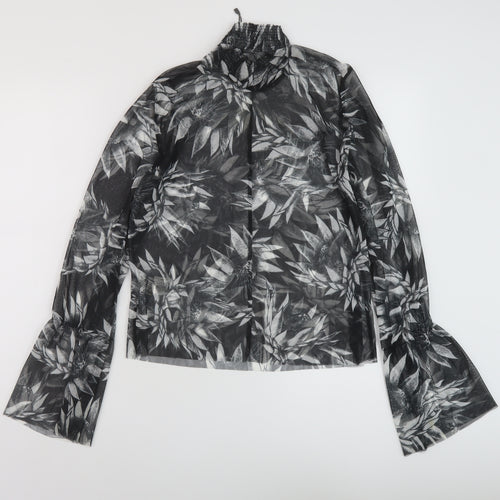Zara Womens Black Floral Polyester Basic Blouse Size S Mock Neck