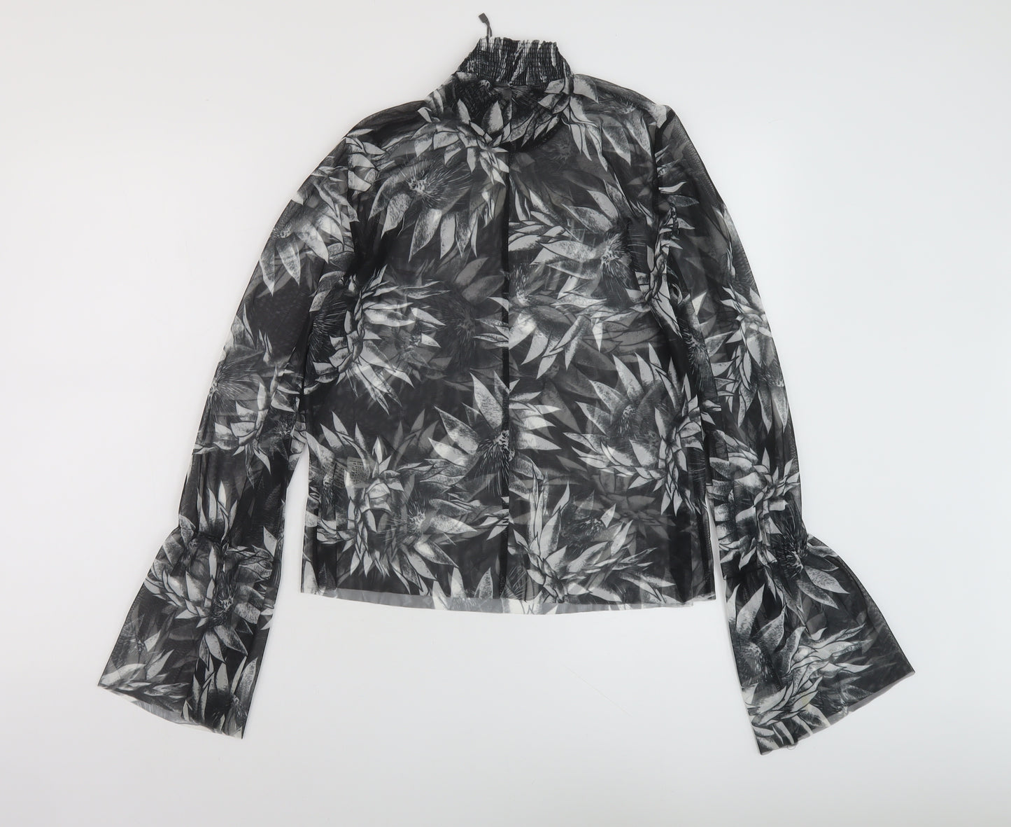 Zara Womens Black Floral Polyester Basic Blouse Size S Mock Neck