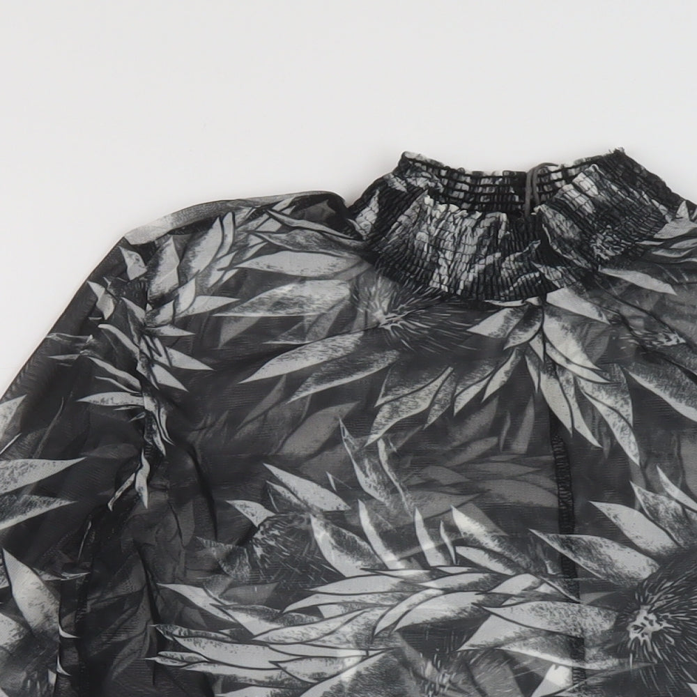 Zara Womens Black Floral Polyester Basic Blouse Size S Mock Neck