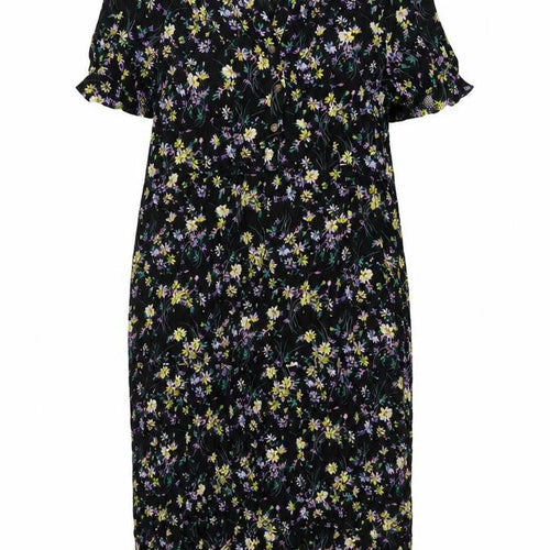 Marks and Spencer Womens Black Floral Viscose A-Line Size 16 V-Neck Button