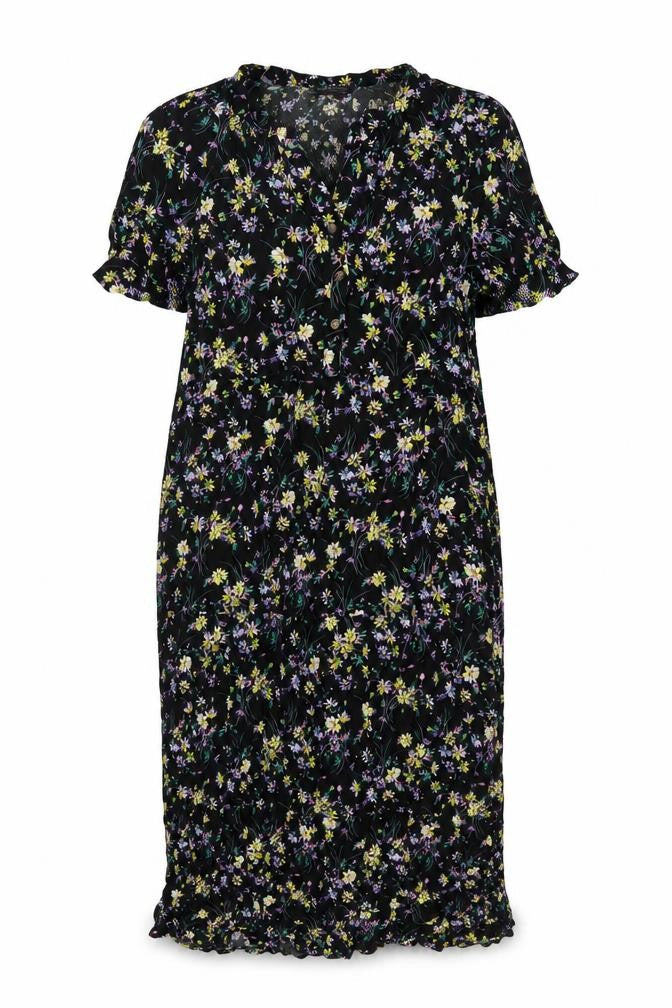 Marks and Spencer Womens Black Floral Viscose A-Line Size 16 V-Neck Button
