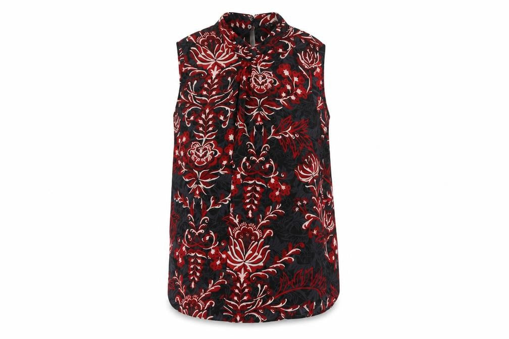 Front view of Next women’s multicoloured geometric polyester basic tank, size UK 12, mock neck