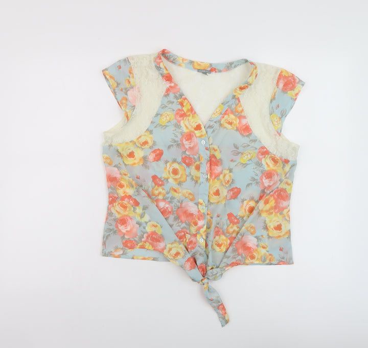 Charlotte Russe Womens Multicoloured Floral Polyester Basic Blouse Size L V-Neck