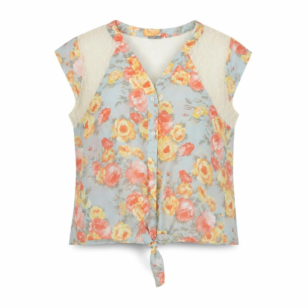 Charlotte Russe Womens Multicoloured Floral Polyester Basic Blouse Size L V-Neck