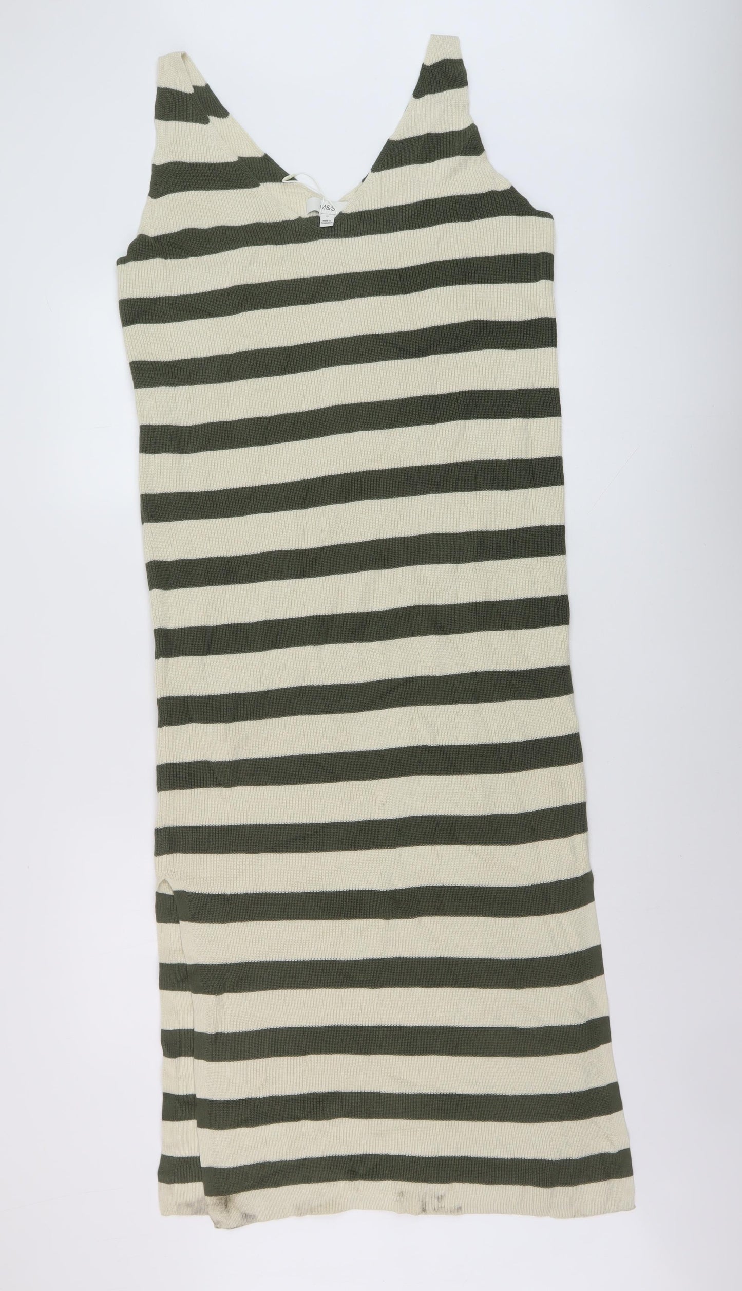 Marks and Spencer Womens Green Striped Cotton Jumper Dress Size M V-Neck Pullover