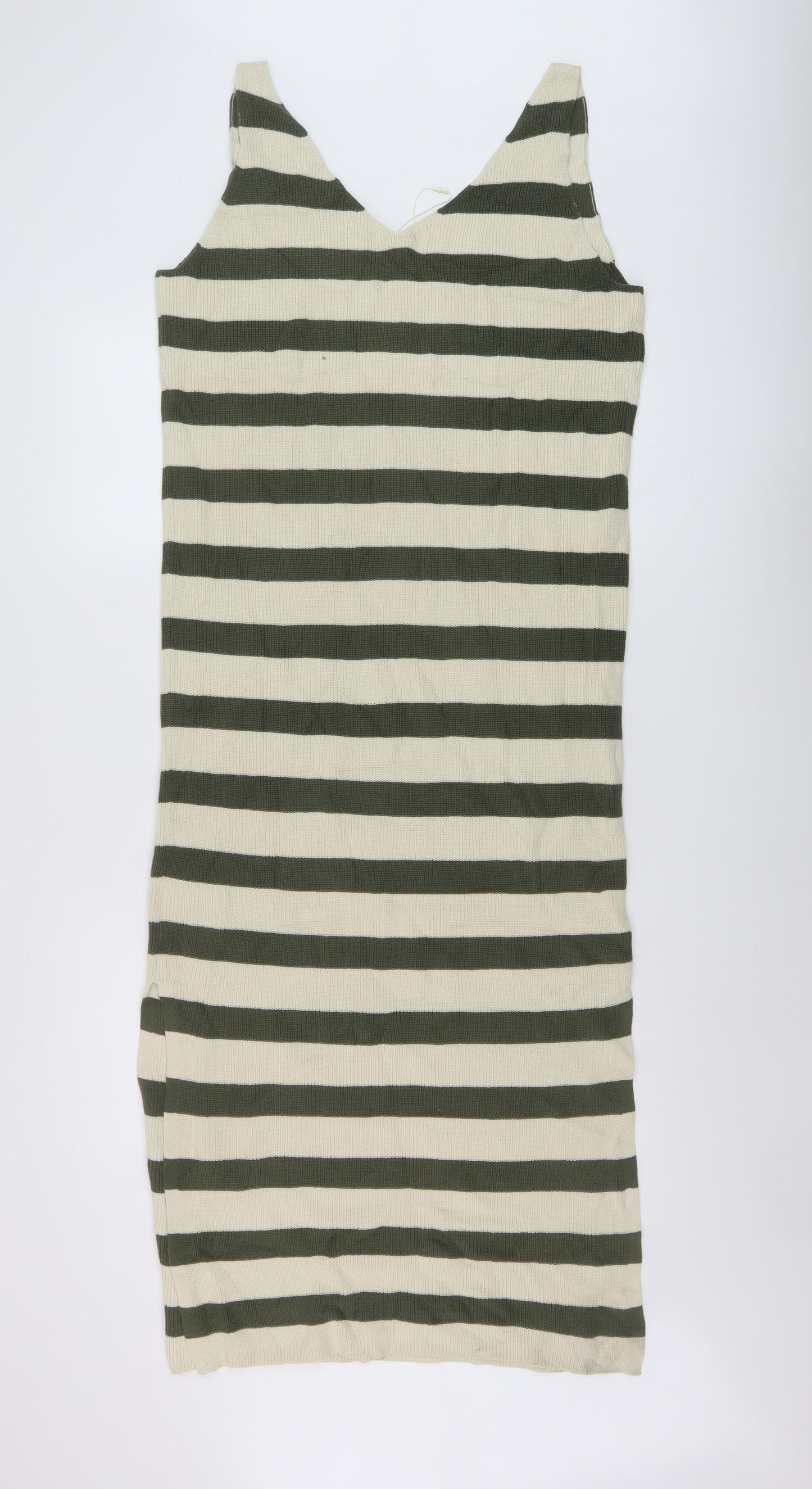 Marks and Spencer Womens Green Striped Cotton Jumper Dress Size M V-Neck Pullover