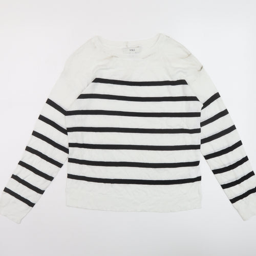 Marks and Spencer Womens White Round Neck Striped Acrylic Pullover Jumper Size XS