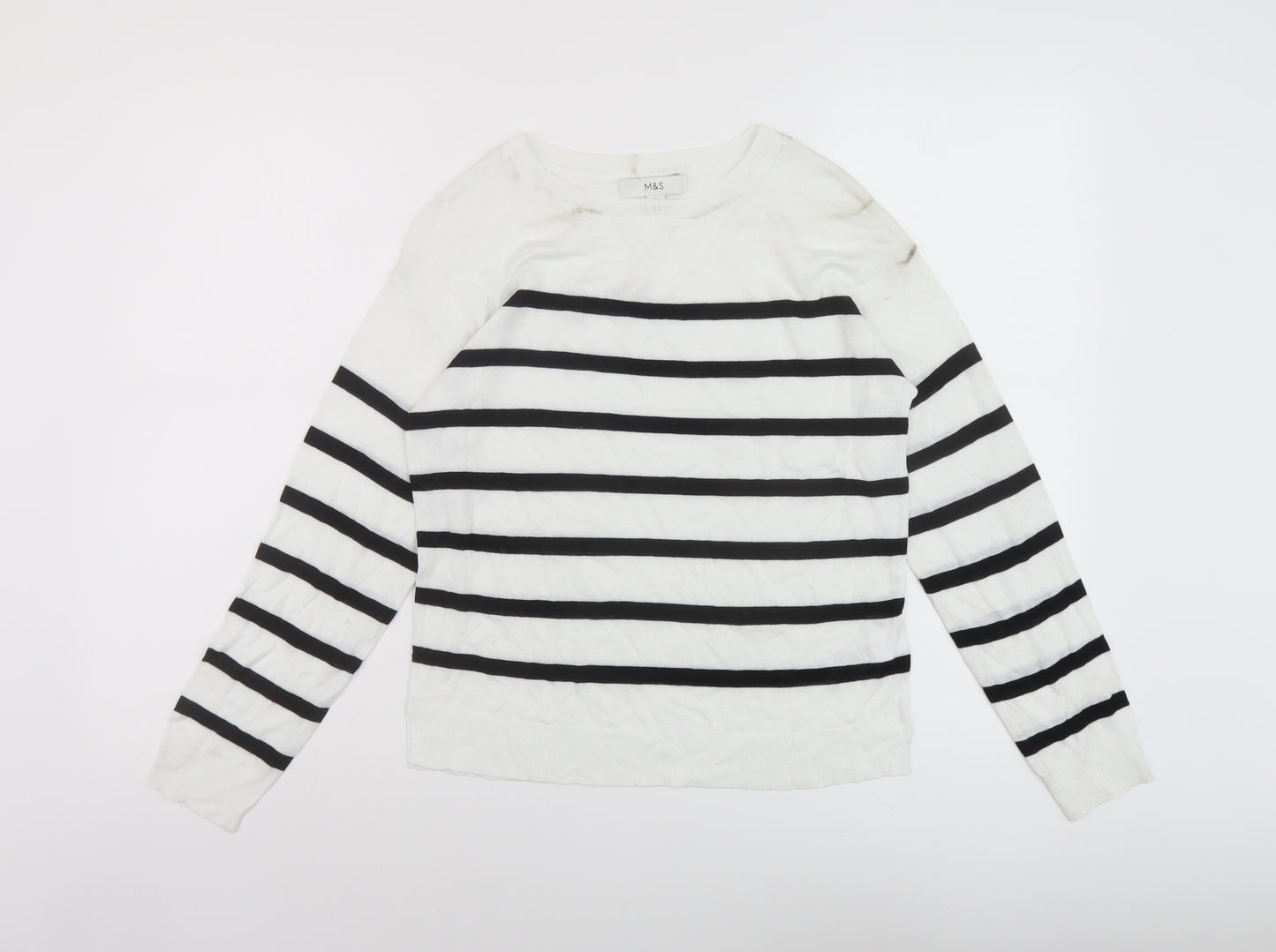 Marks and Spencer Womens White Round Neck Striped Acrylic Pullover Jumper Size XS
