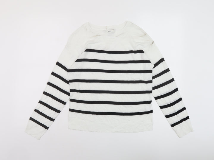 Marks and Spencer Womens White Round Neck Striped Acrylic Pullover Jumper Size XS