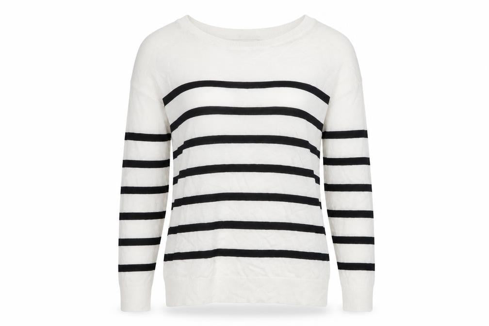 Front view of Marks & Spencer women’s white round neck striped acrylic jumper, size XS