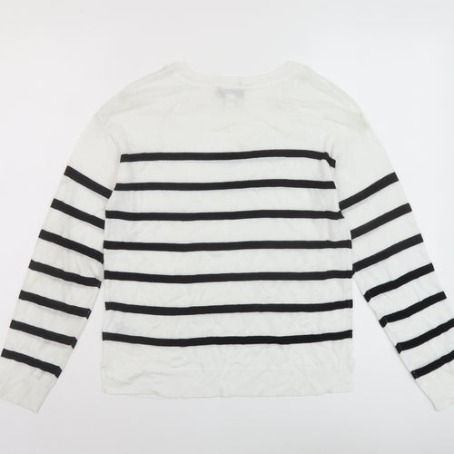 Marks and Spencer Womens White Round Neck Striped Acrylic Pullover Jumper Size XS