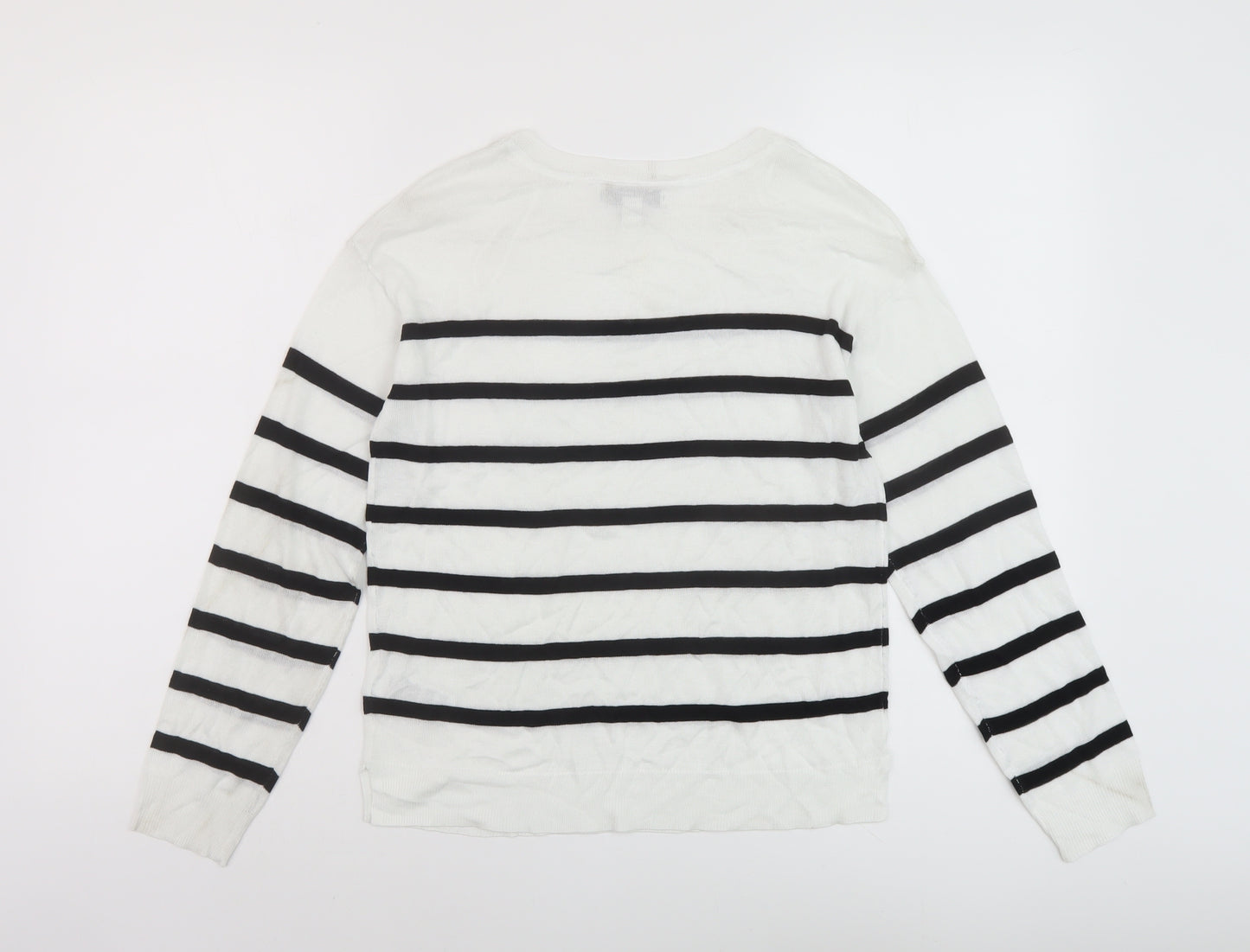 Marks and Spencer Womens White Round Neck Striped Acrylic Pullover Jumper Size XS