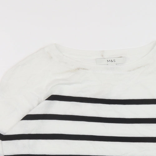 Marks and Spencer Womens White Round Neck Striped Acrylic Pullover Jumper Size XS