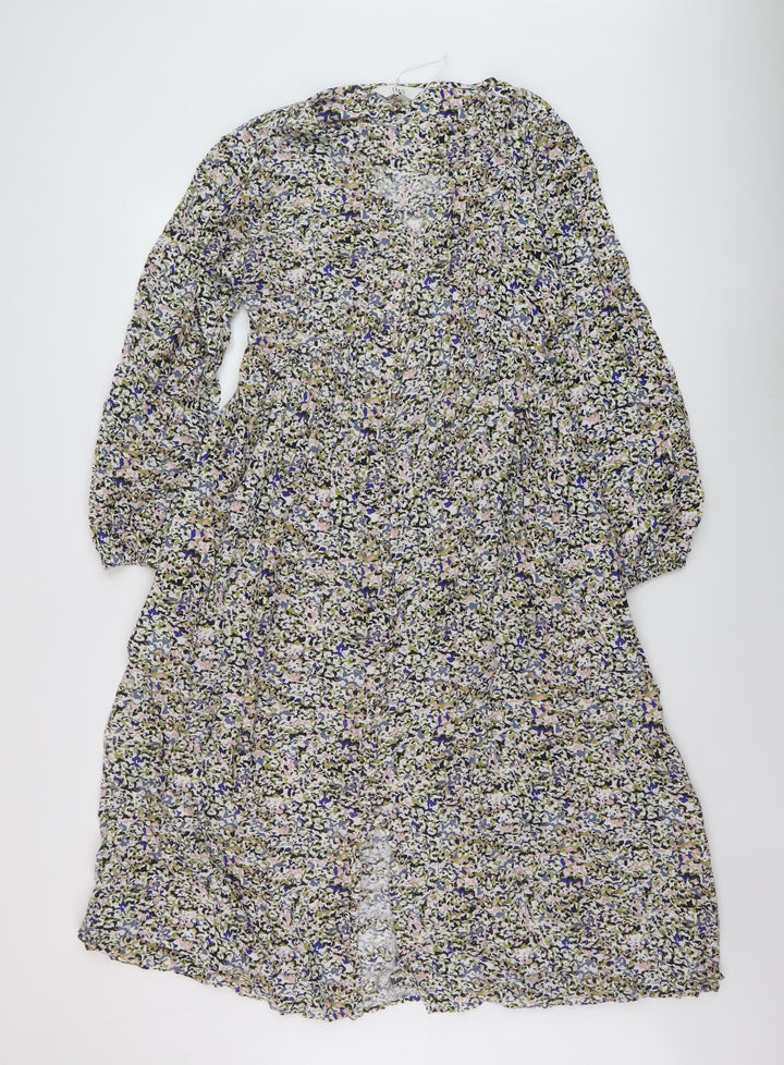 Marks and Spencer Womens Multicoloured Floral Viscose A-Line Size 10 V-Neck Button