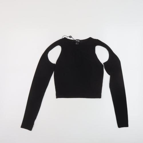 Ego Womens Black Polyester Cropped Blouse Size 8 Round Neck