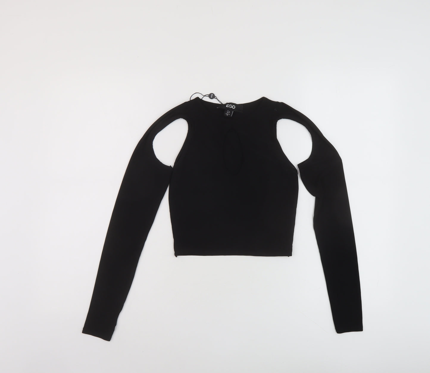 Ego Womens Black Polyester Cropped Blouse Size 8 Round Neck