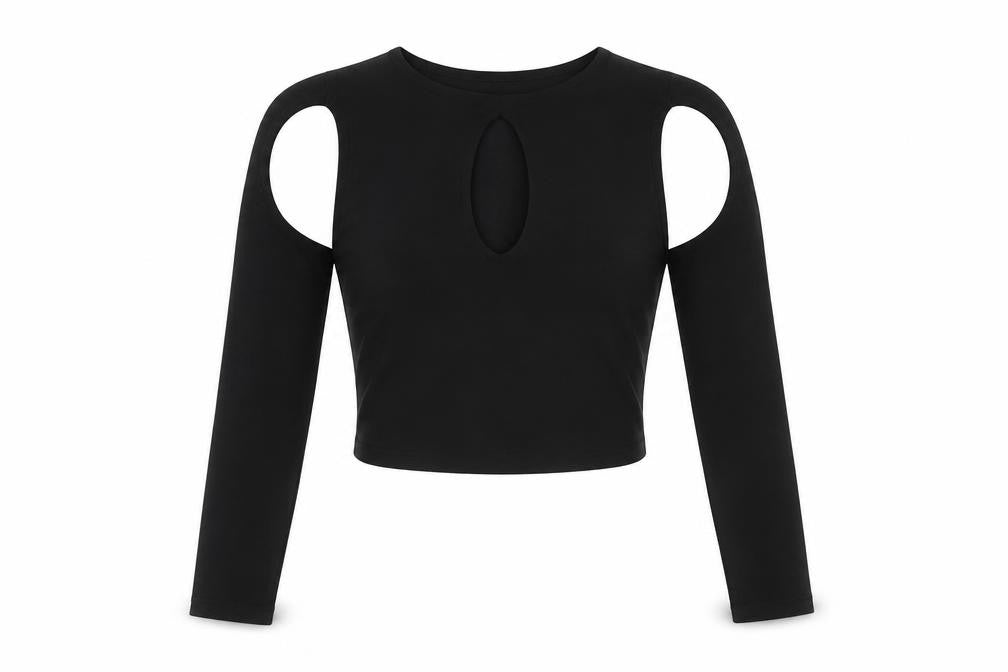 Front view of Ego women’s black polyester cropped blouse, size UK 8, round neck