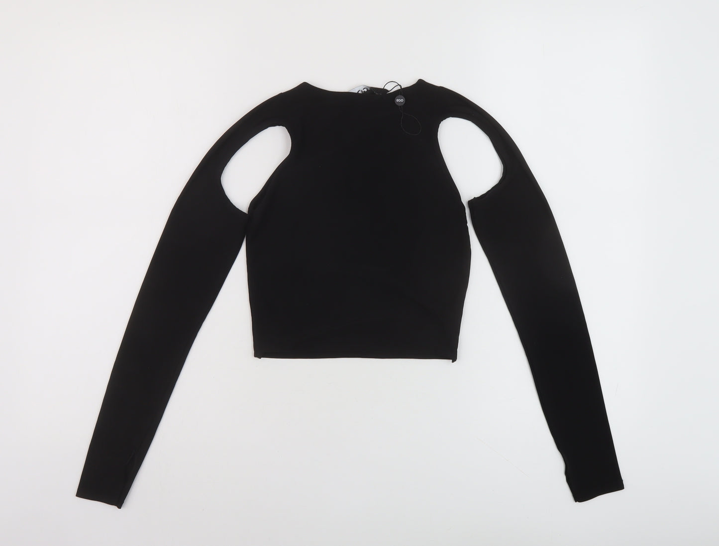 Ego Womens Black Polyester Cropped Blouse Size 8 Round Neck