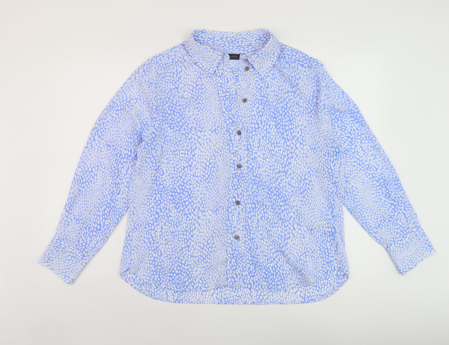 Marks and Spencer Womens Blue Geometric Polyester Basic Button-Up Size 14 Collared