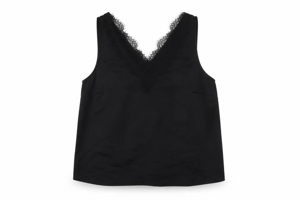Front view of Marks & Spencer women’s black polyester basic tank, size UK 14, v-neck