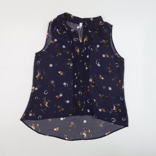 Byhenry Holland Womens Blue Geometric Polyester Basic Tank Size 12 Collared