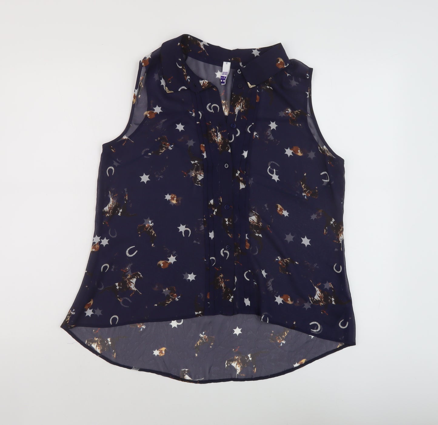 Byhenry Holland Womens Blue Geometric Polyester Basic Tank Size 12 Collared