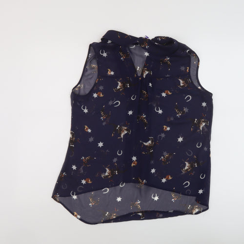 Byhenry Holland Womens Blue Geometric Polyester Basic Tank Size 12 Collared