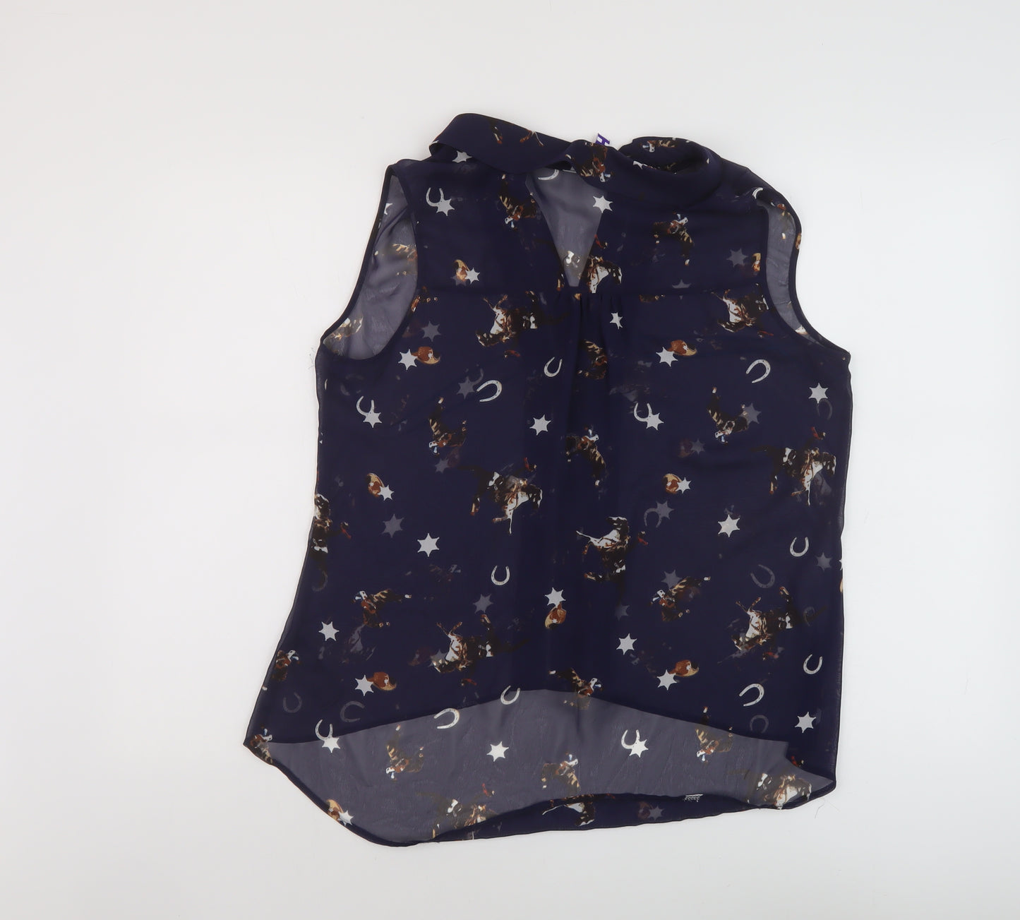 Byhenry Holland Womens Blue Geometric Polyester Basic Tank Size 12 Collared
