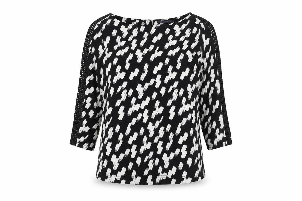 Front view of Marks & Spencer women’s black geometric viscose basic blouse, size UK 14, boat neck