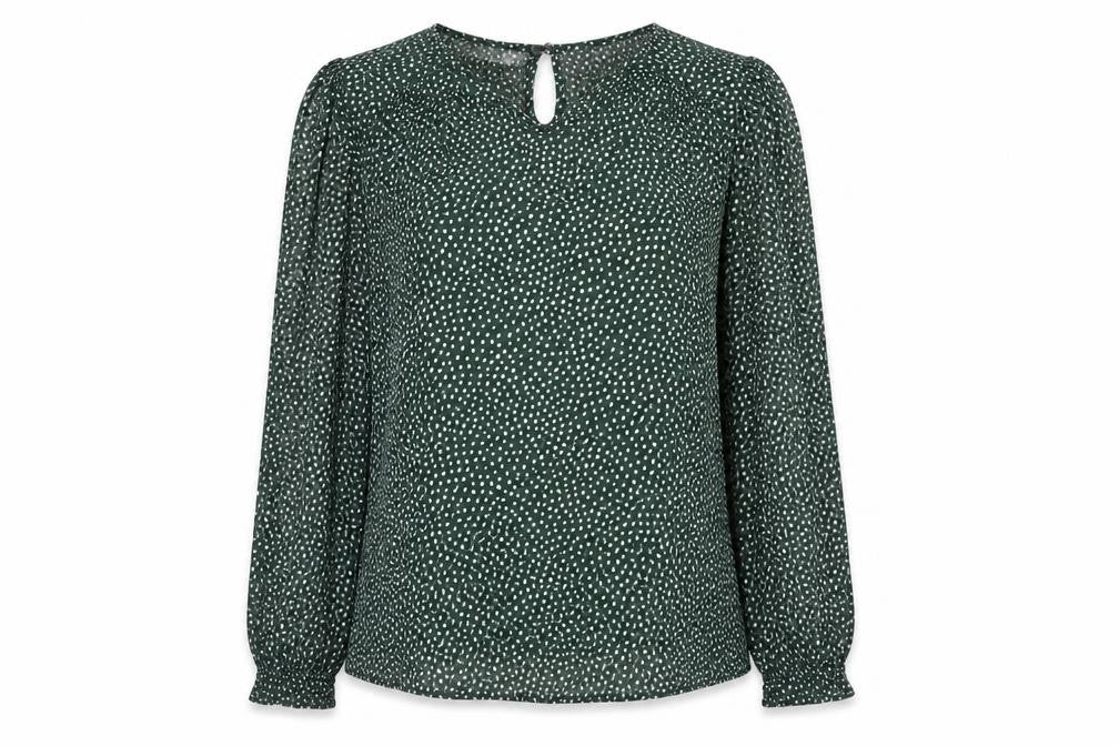 Front view of H&M women’s green geometric viscose basic blouse, size UK 8, round neck
