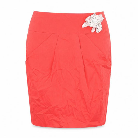 Front view of River Island women’s pink cotton skater skirt, size UK 10, zip - flower detail