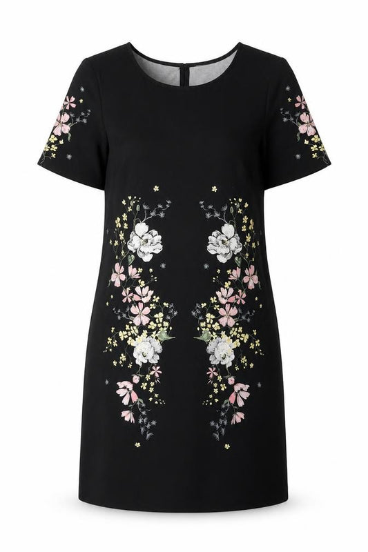 Front view of Divided by H&M women’s black polyester shift, size UK 8, round neck button - floral print