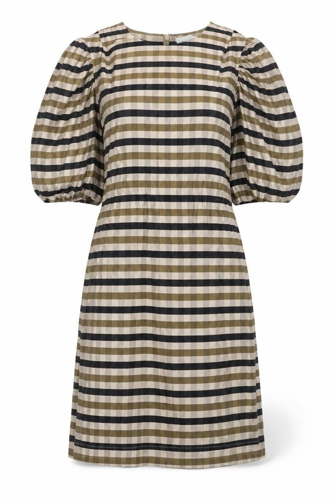 Front view of H&M women’s brown gingham viscose shift, size UK 12, round neck zip