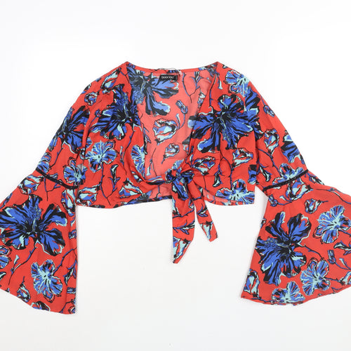 Boohoo Womens Red Floral Polyester Cropped Blouse Size 10 V-Neck - Bell Sleeve